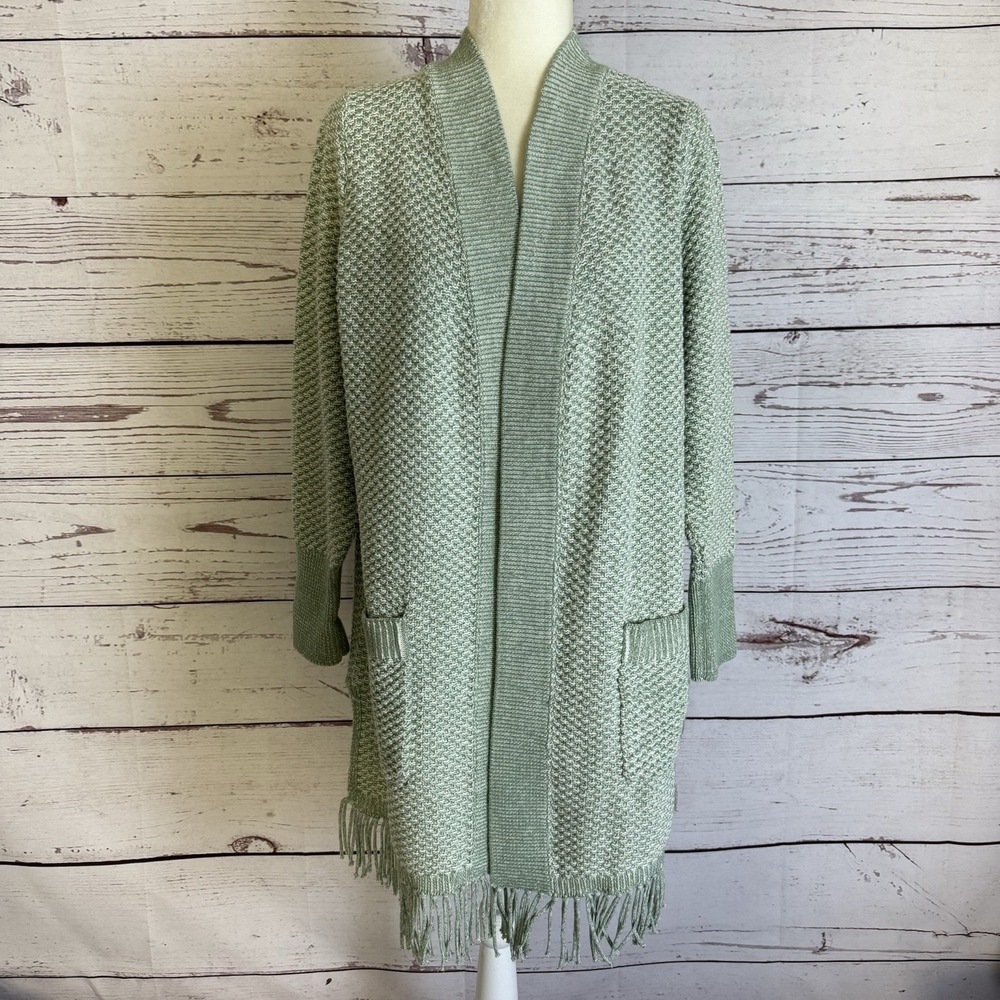 Isaac Mizrahi Live Sweater Womens Size XL Green Open Front Cardigan Fringe Hem